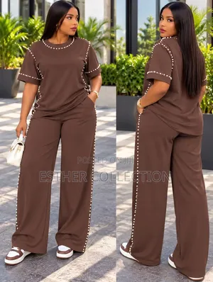 Pearl Embellished 2-Piece Wide Leg Pants Set