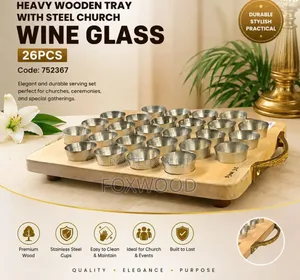 Heavy Wooden Tray With Steel Church Wine Glass – 26pcs