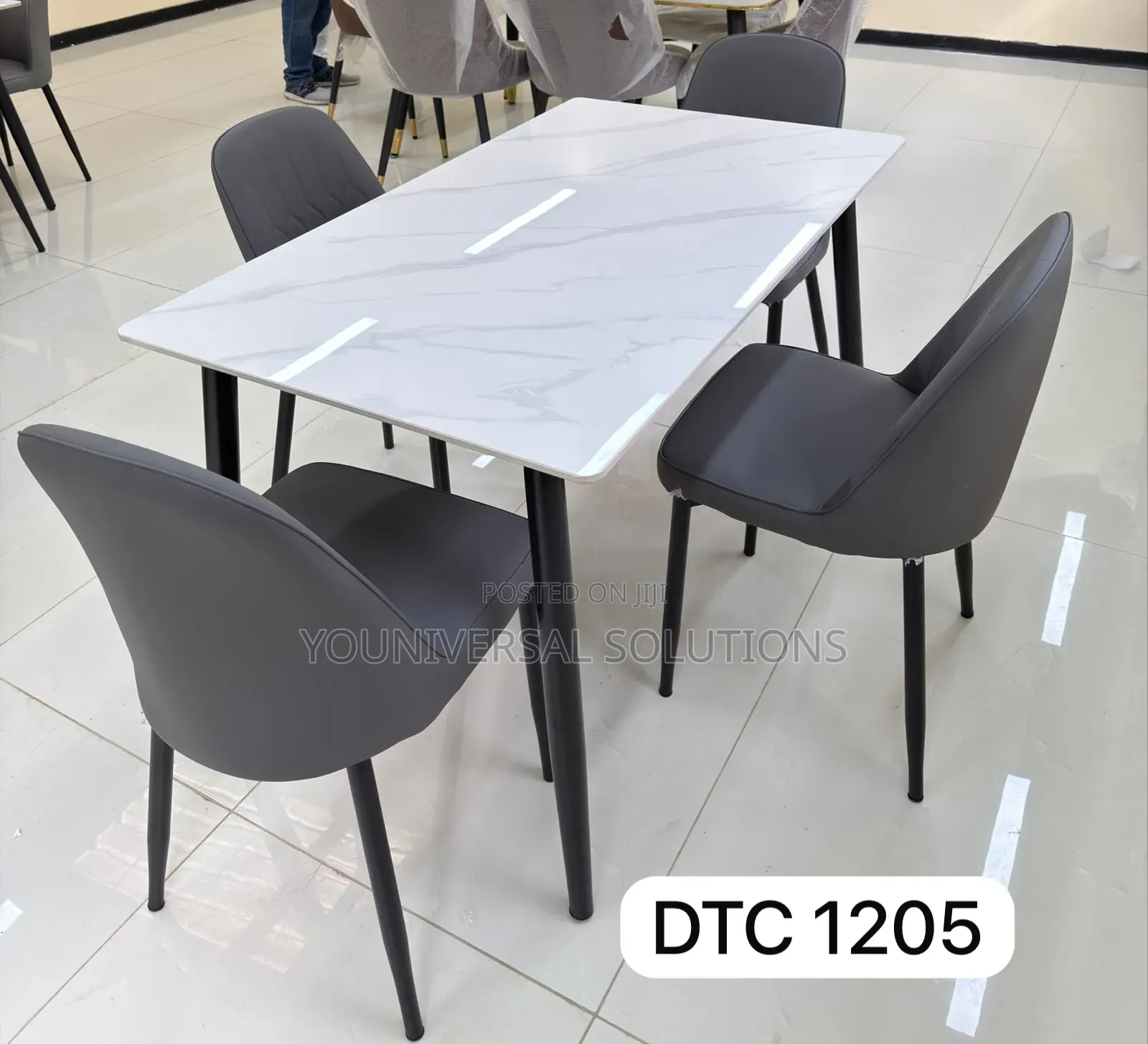 Modern White Marble Dining Table Set With 4 Grey Upholstered Chairs