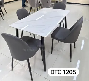 Modern White Marble Dining Table Set With 4 Grey Upholstered Chairs