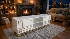 Sydney 4ft TV Stand - White Glossy - 2 Doors - Gold Legs - New