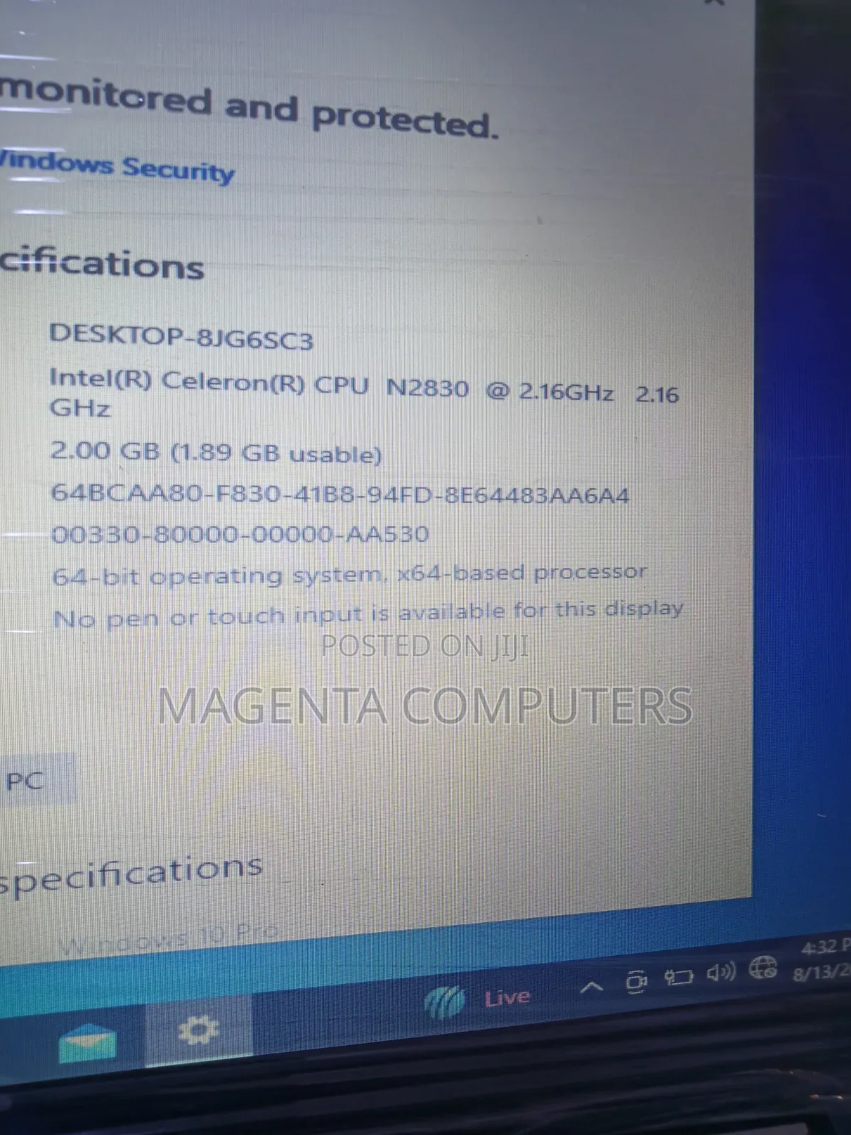 Laptop Toshiba Satellite C50 2GB Intel Celeron HDD+SSD 160GB