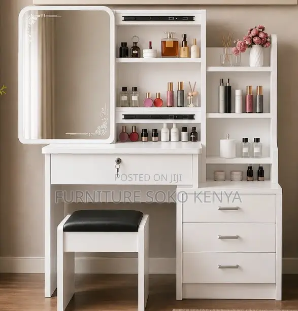 Modern Dressing Room Table | White Vanity Set With Sliding Mirrors