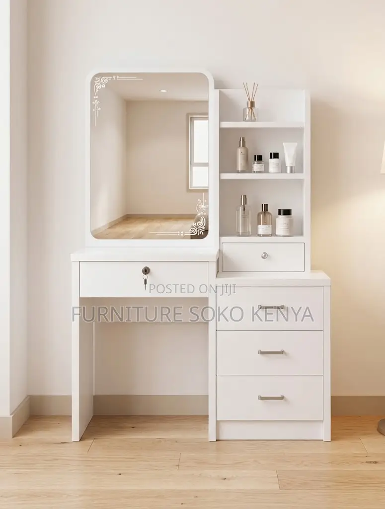 Modern Dressing Room Table | White Vanity Set With Sliding Mirrors
