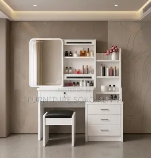 Modern Dressing Room Table | White Vanity Set With Sliding Mirrors