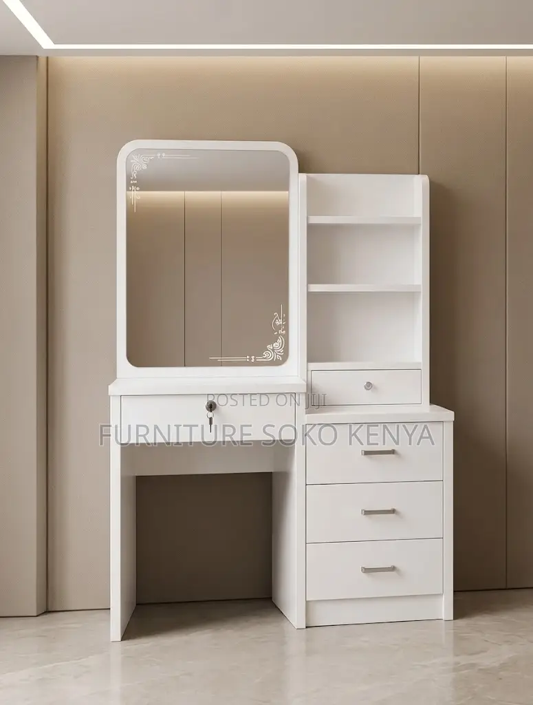 Modern Dressing Room Table | White Vanity Set With Sliding Mirrors