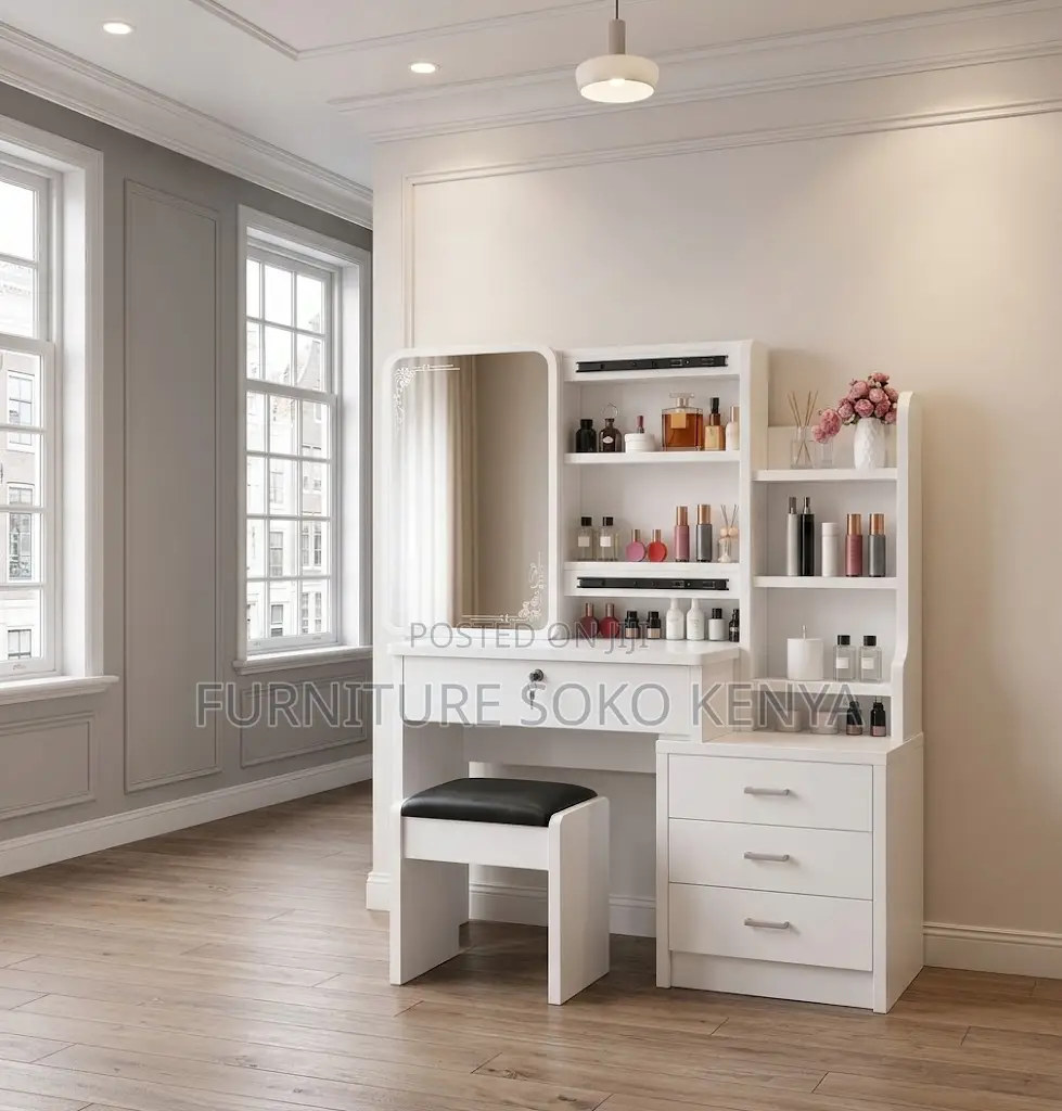Modern Dressing Room Table | White Vanity Set With Sliding Mirrors