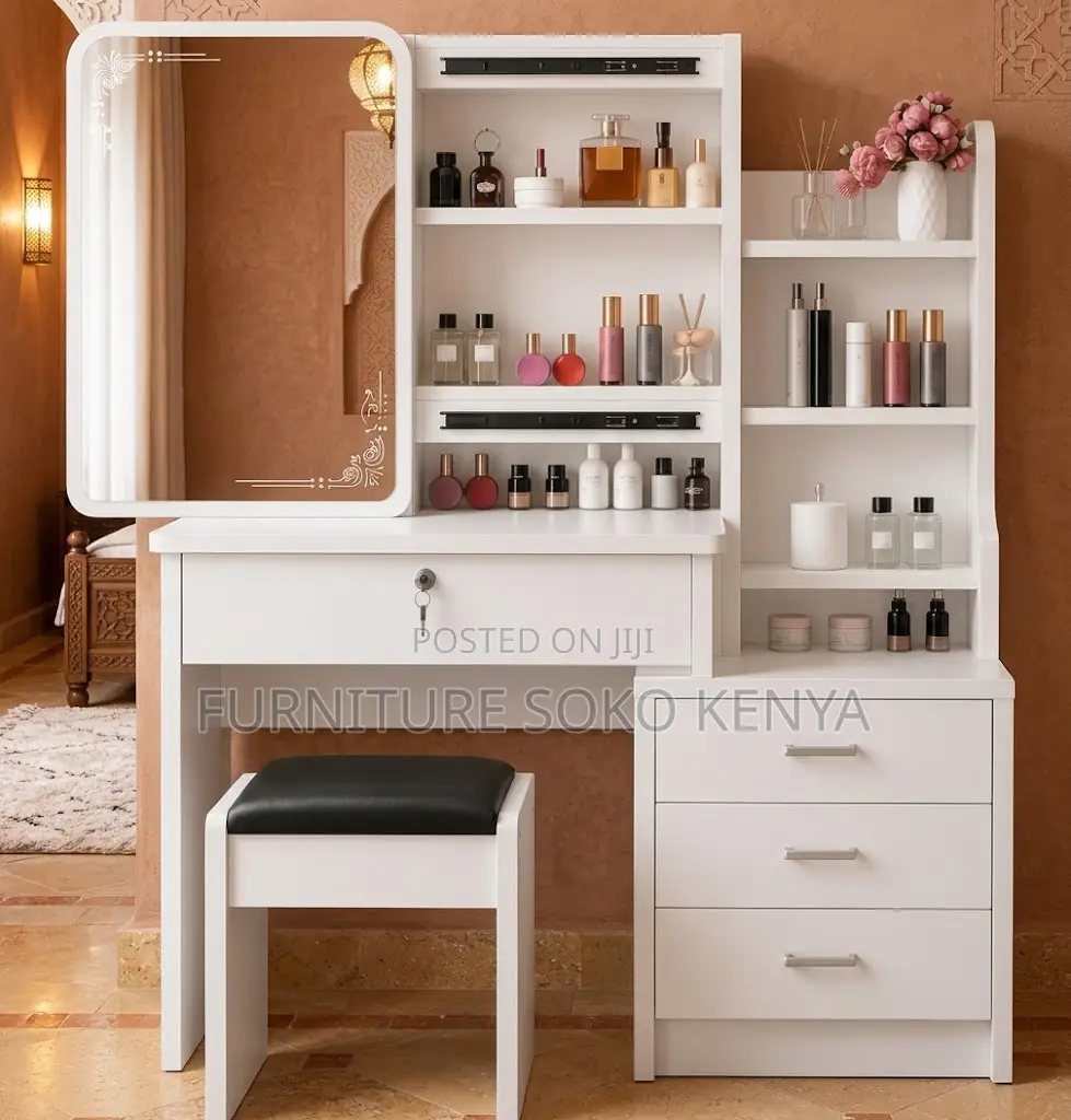 Modern Dressing Room Table | White Vanity Set With Sliding Mirrors