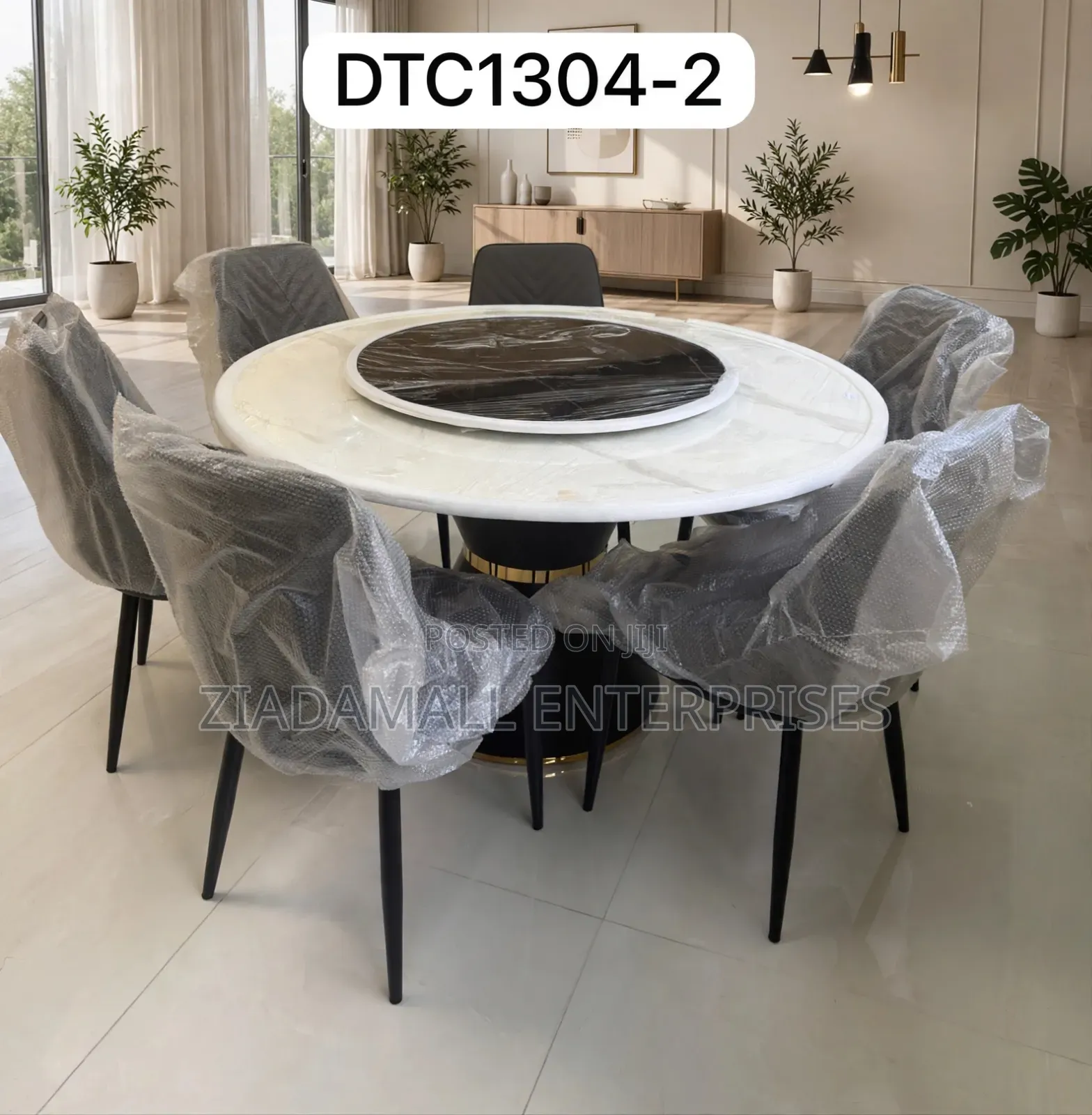Round Dining Table 6 Chairs DTC1304-2 - Rotating Tray - New