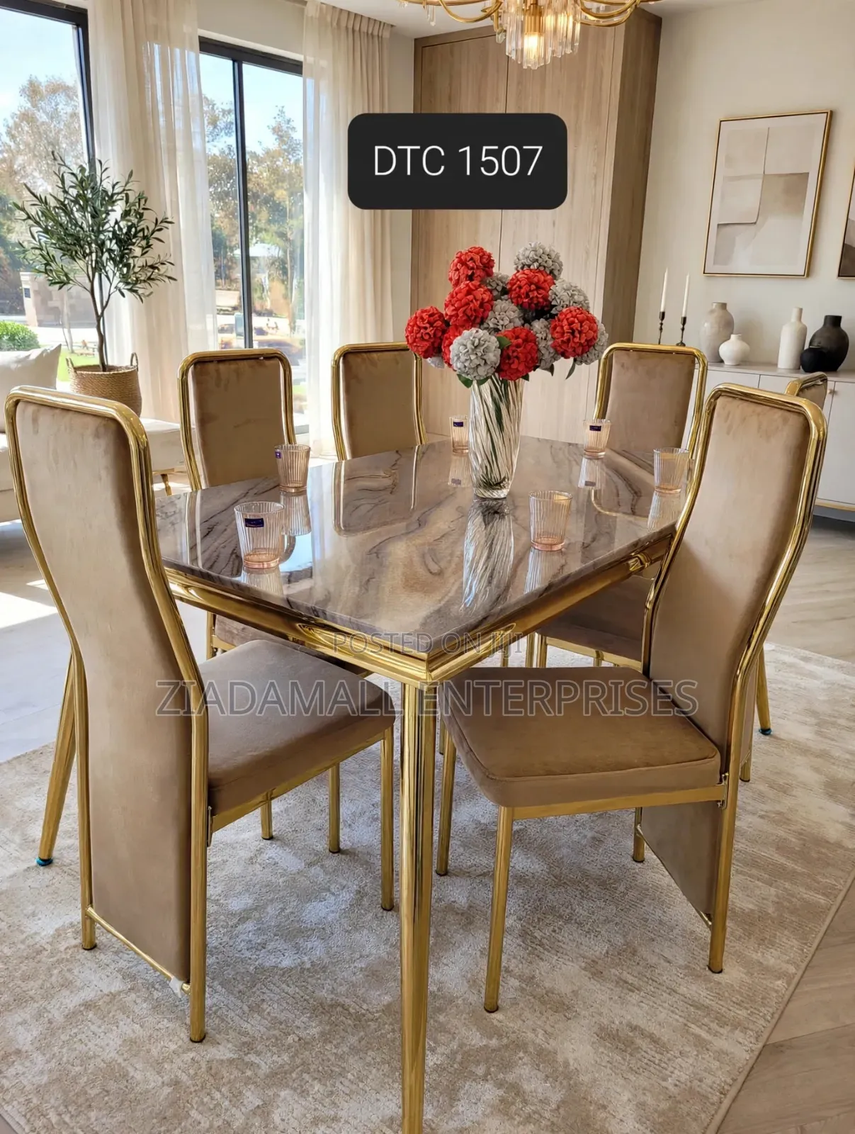 Marble Dining Table 6 Chairs - DTC 1507 - Gold Beige - New