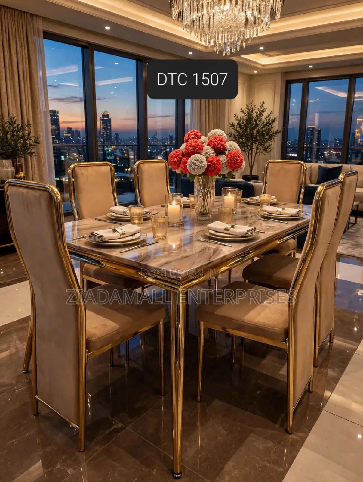 Marble Dining Table 6 Chairs - DTC 1507 - Gold Beige - New