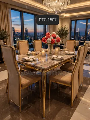 Marble Dining Table 6 Chairs - DTC 1507 - Gold Beige - New