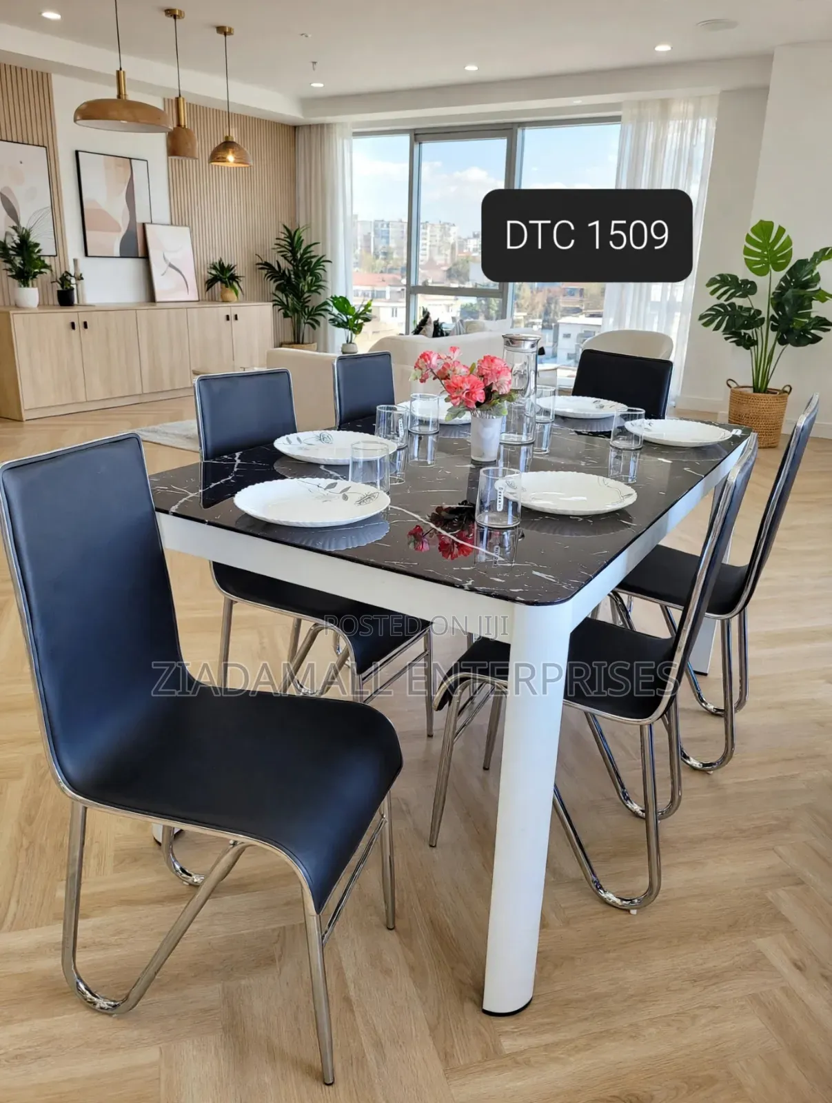 Dining Table 6 Chairs DTC 1509 - Black Marble Glass - New