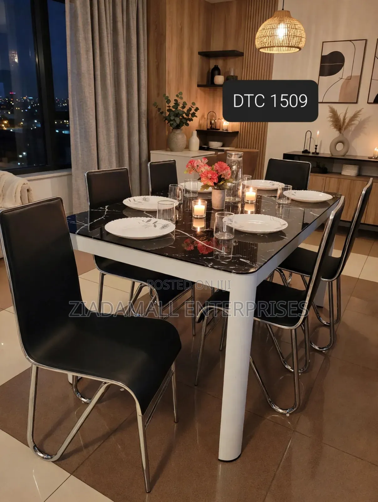 Dining Table 6 Chairs DTC 1509 - Black Marble Glass - New