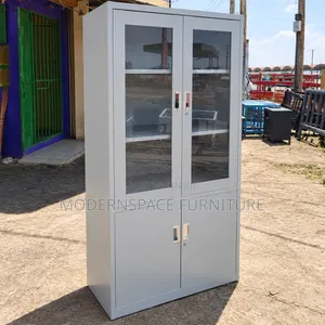 Grey Metal Office Cabinet With Glass Doors