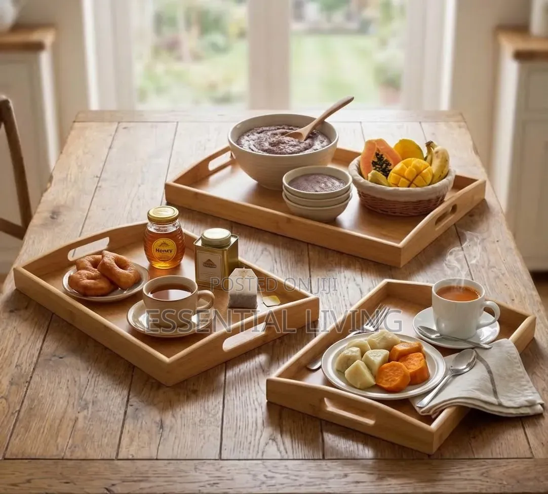 Bamboo Breakfast Serving Tray Set With Handles Wooden
