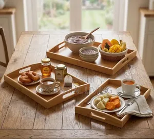 Bamboo Breakfast Serving Tray Set With Handles Wooden