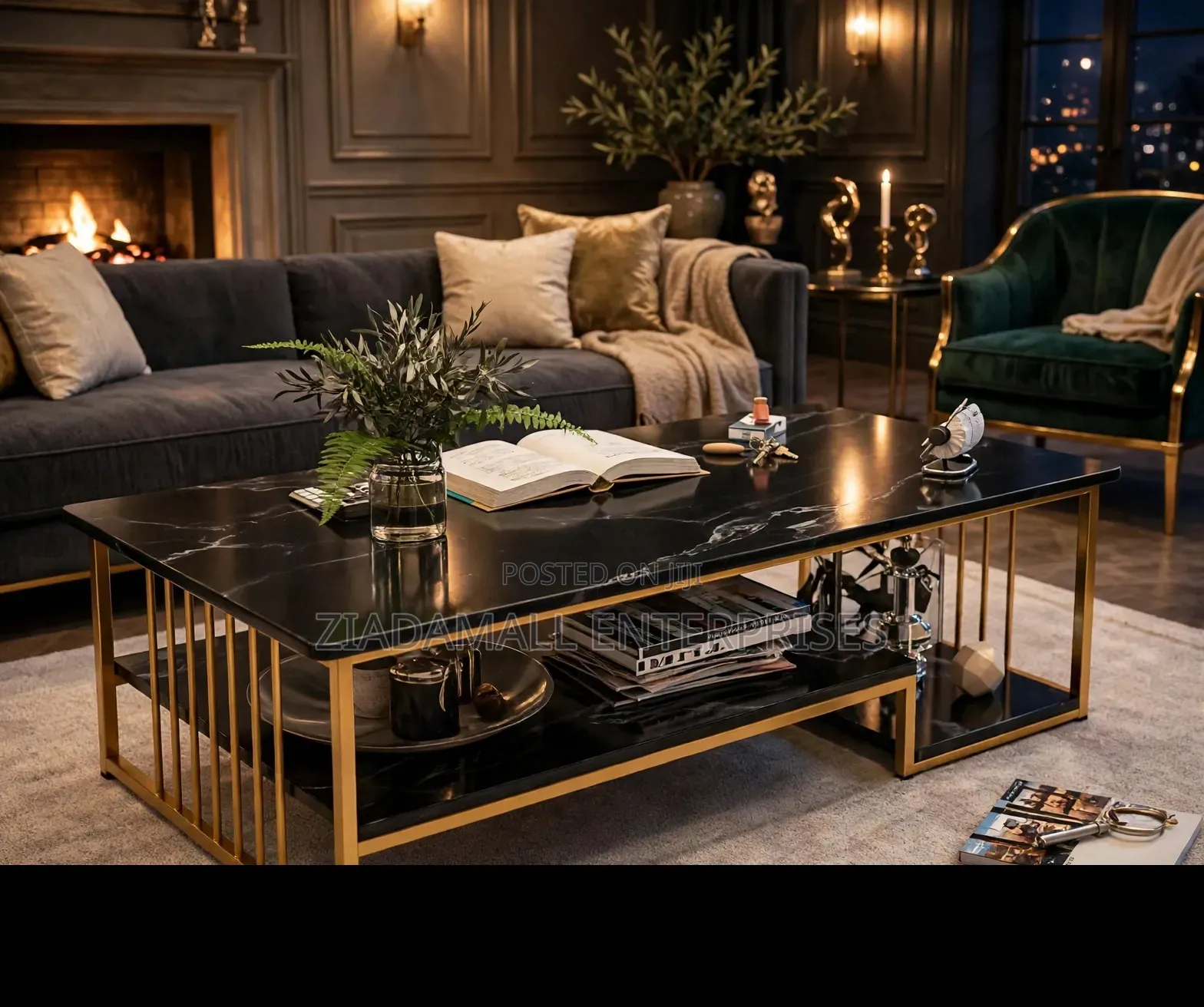 C3 Black Marble Coffee Table - Gold Frame - 2 Tier - New