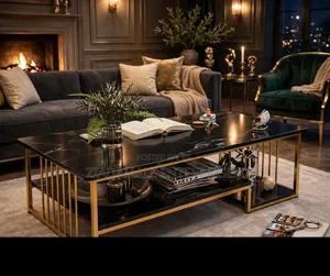 C3 Black Marble Coffee Table - Gold Frame - 2 Tier - New
