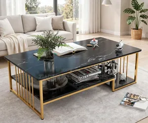 C3 Black Marble Coffee Table - Gold Frame - 2 Tier - New