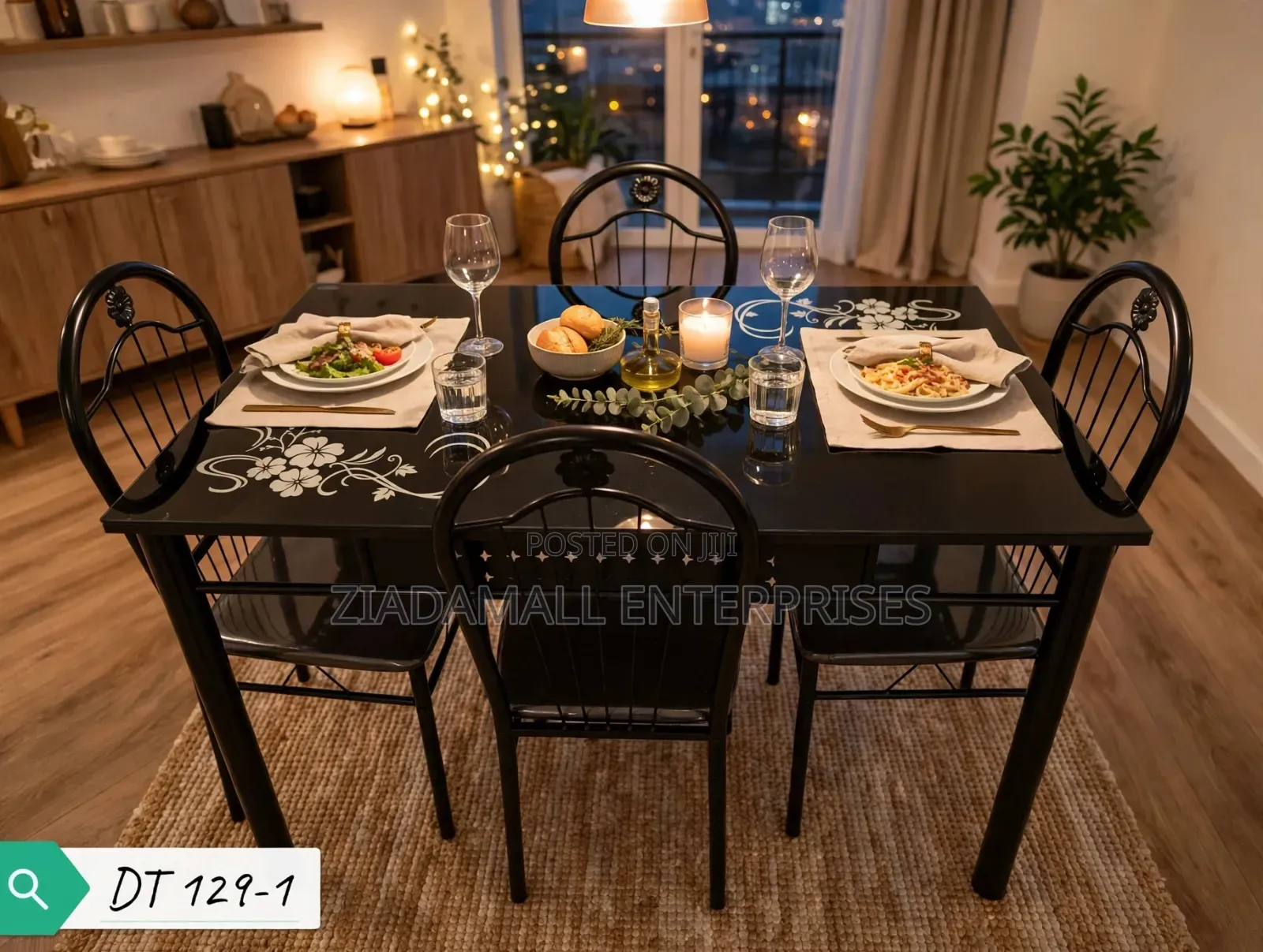 4 Seater Dining Table - DT 129-1 - Black Glass - 4 Chairs - New