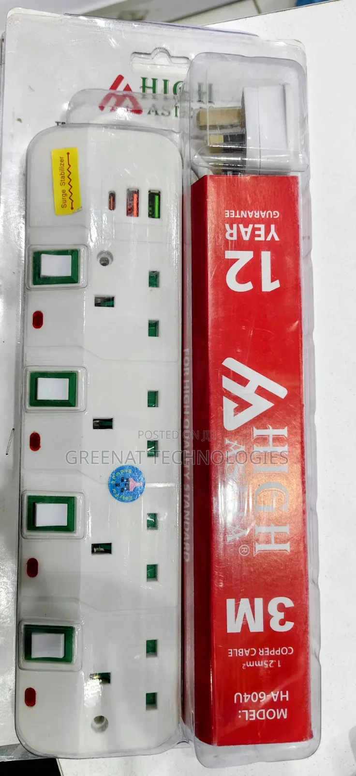 HIGH ASTRA 6 Way Extension Socket 2500W MAX 2M Cable + 3 USB Type C