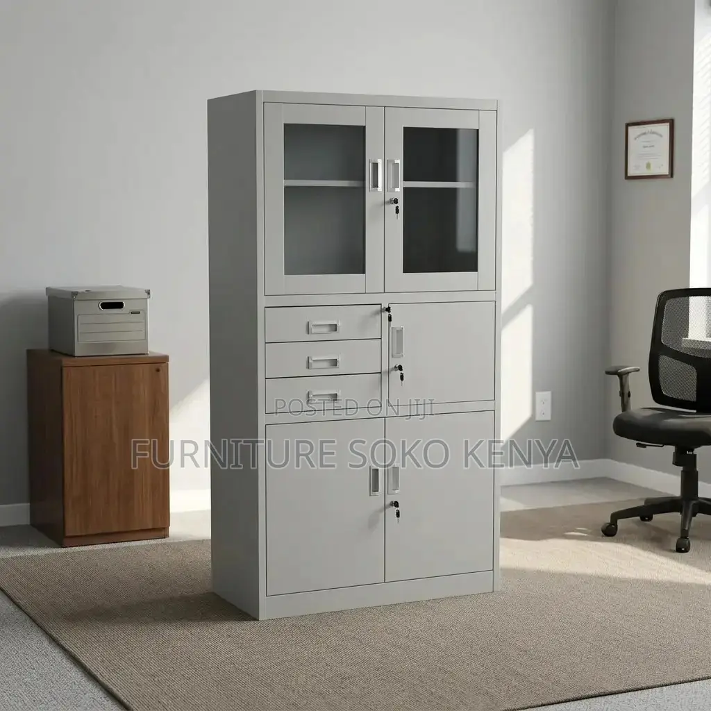 Stainless Cabinet With Safe | Two Doors Grey Cabinet With Glass View