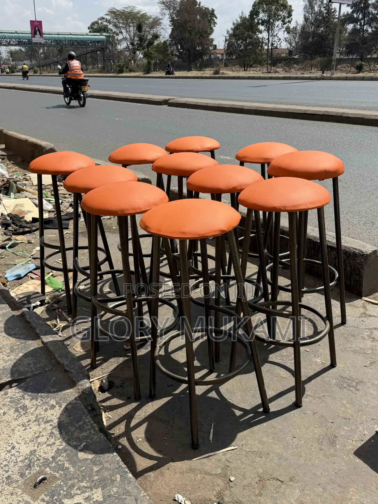 Orange Leather Backless Stool