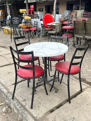 Round White Marble Table and Bar Chairs Red