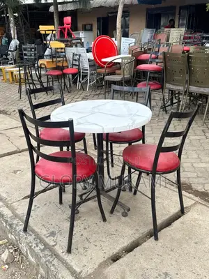 Round White Marble Table and Bar Chairs Red