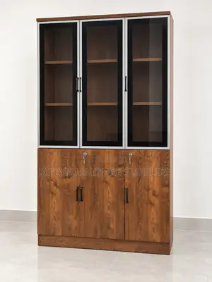 Modern 3-Door Wooden Office File Cabinet With Glass Display Shelves