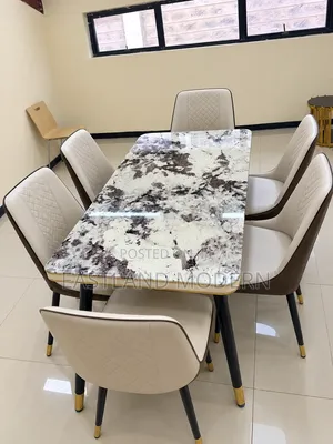 Modern Marble-Effect Dining Table With 6 Cream Upholstered Chairs