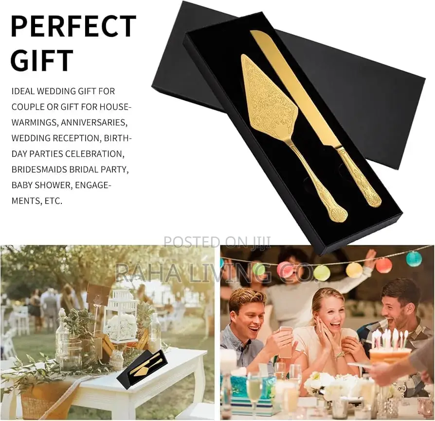Gold Stainless Steel Cake Server Set | Knife 34cm | Server 29cm