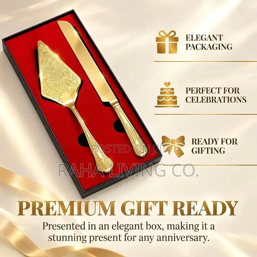 Gold Stainless Steel Cake Server Set | Knife 34cm | Server 29cm