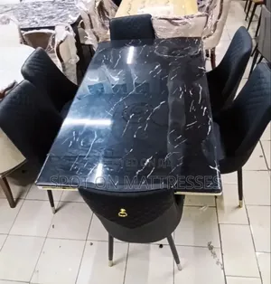 Black Marble Effect 6-Seater Dining Set. Quilted PU Leather Chairs.
