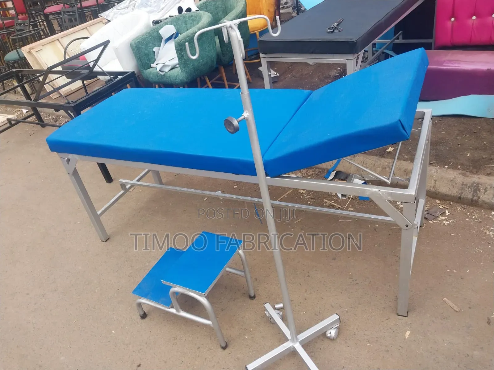 Examination Blue and Silver Bed,drip Stand, Stepping Stool 
