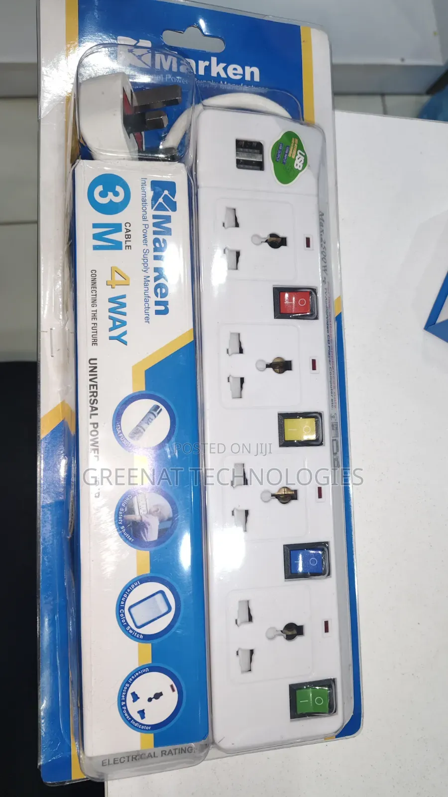 Marken 3M Cable 4 Way Universal Power Strip Extension Socket -2 USB
