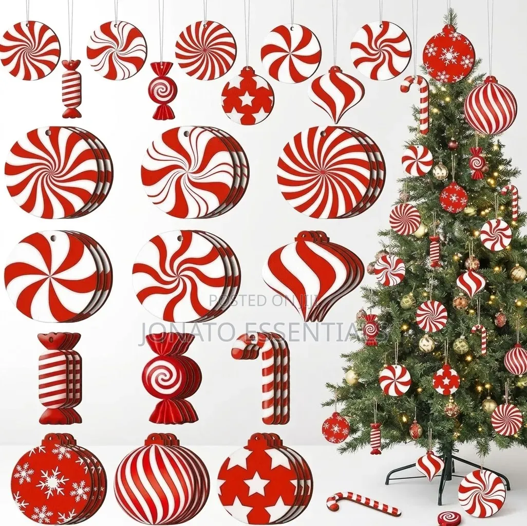 12Pcs Wooden Christmas Tree Ornaments Red White Candy Baubles