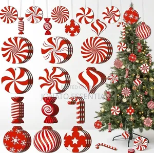 12Pcs Wooden Christmas Tree Ornaments Red White Candy Baubles