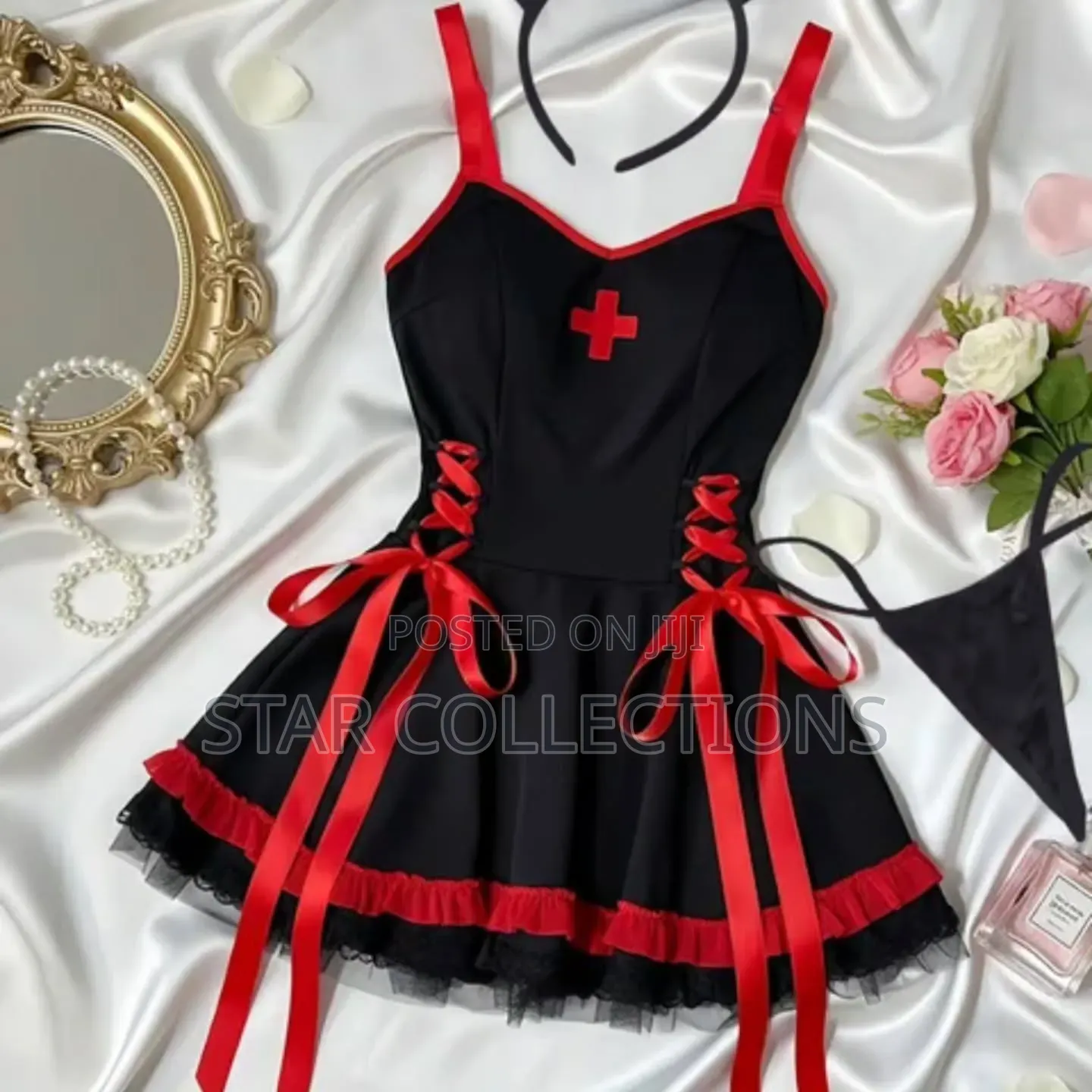 Short Sexy Black Red Nurse Costume