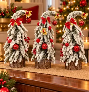 Snow-Dusted Decorated Mini Christmas Tree With Red Gold Ornaments – CR