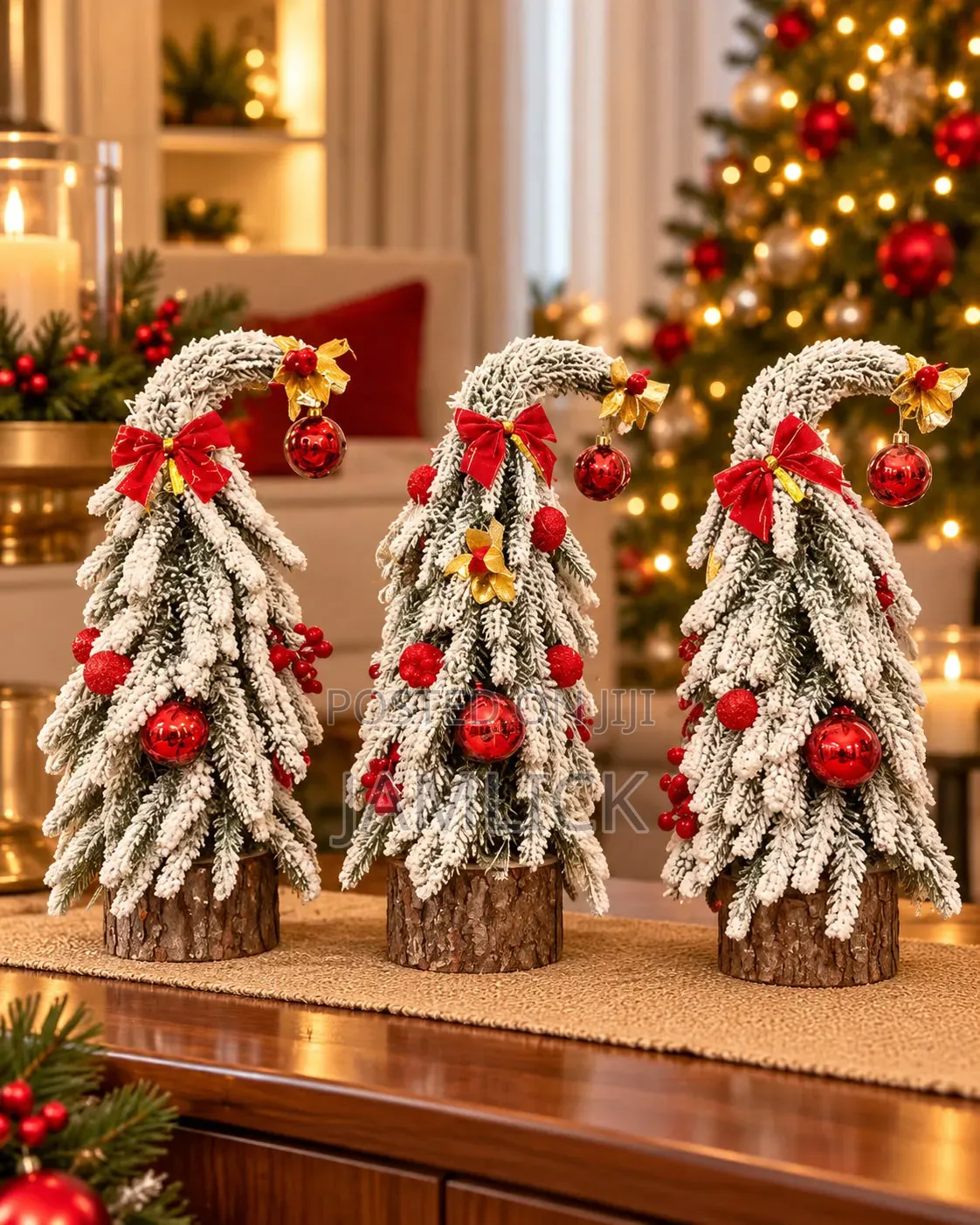 Snow-Dusted Decorated Mini Christmas Tree With Red Gold Ornaments – CR