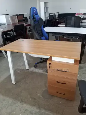 Modern Wooden Office Desk With White Metal Legs and Lockable 3-Drawer