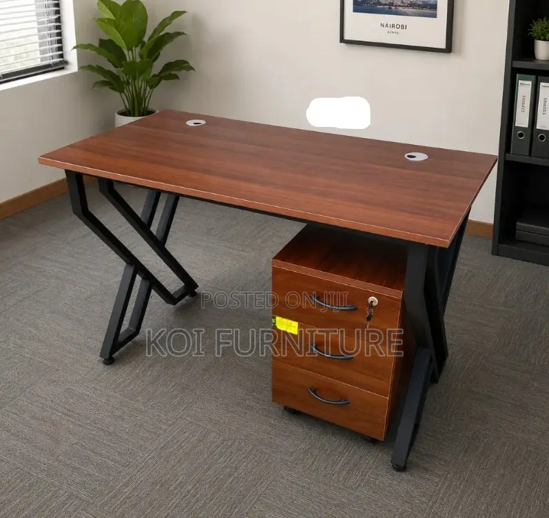 Desk : Walnut-Finish MDF Office Desk With Pedestal