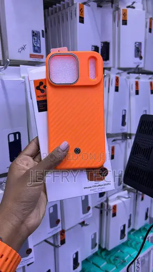 Spigen Enzo Aramid MagFit Case in Orange for the iPhone 17 Pro Max.
