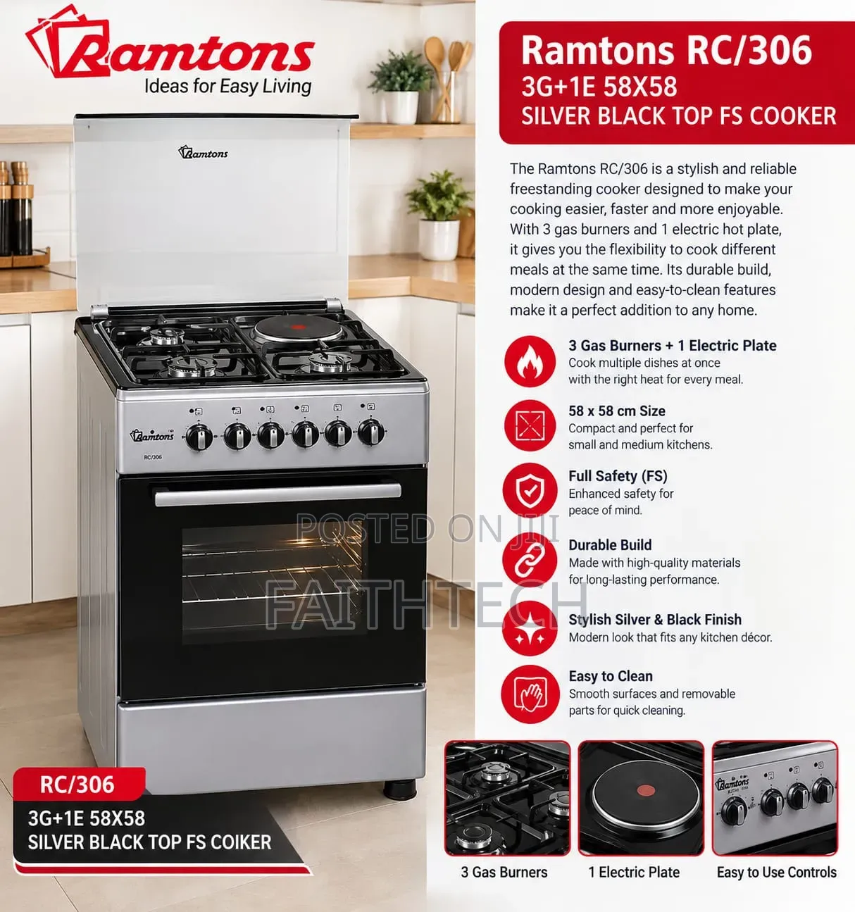 Ramtons RC/306 Silver and Black Freestanding Cooker