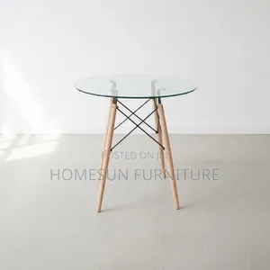 Dining Table – Round Glass Top With Wooden Legs