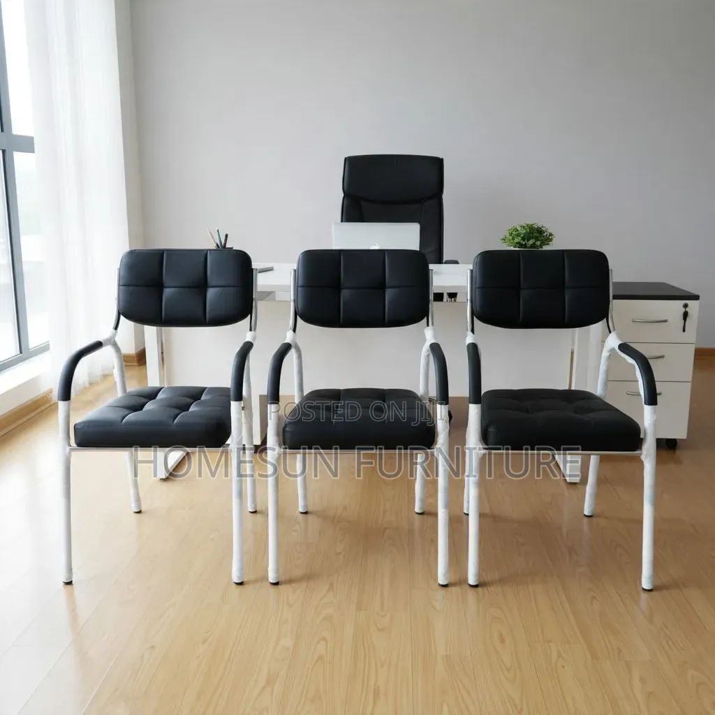 Visitor Chair – Black Padded Seat With White Frame