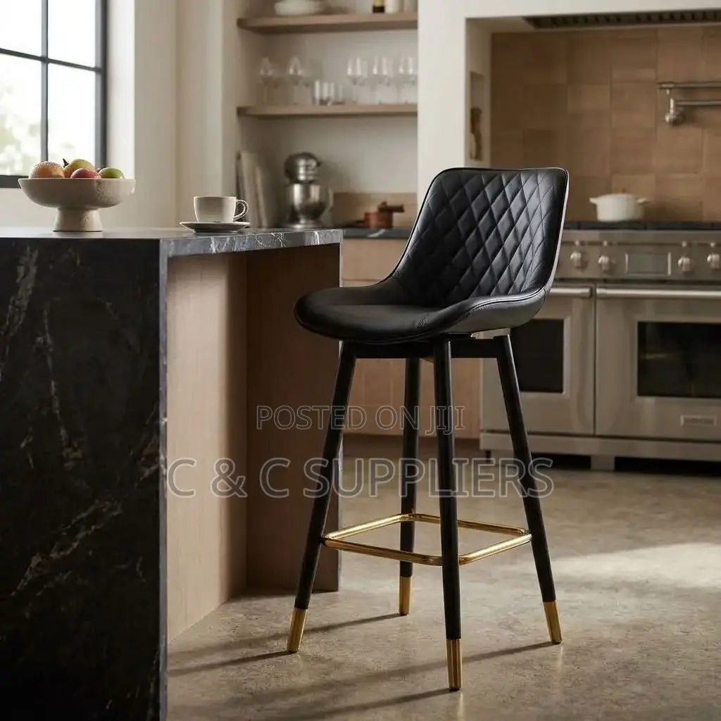 Black Leather Kitchen Footstool.
