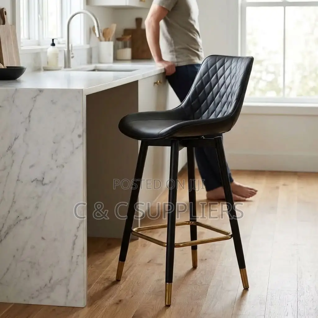 Black Leather Kitchen Footstool.